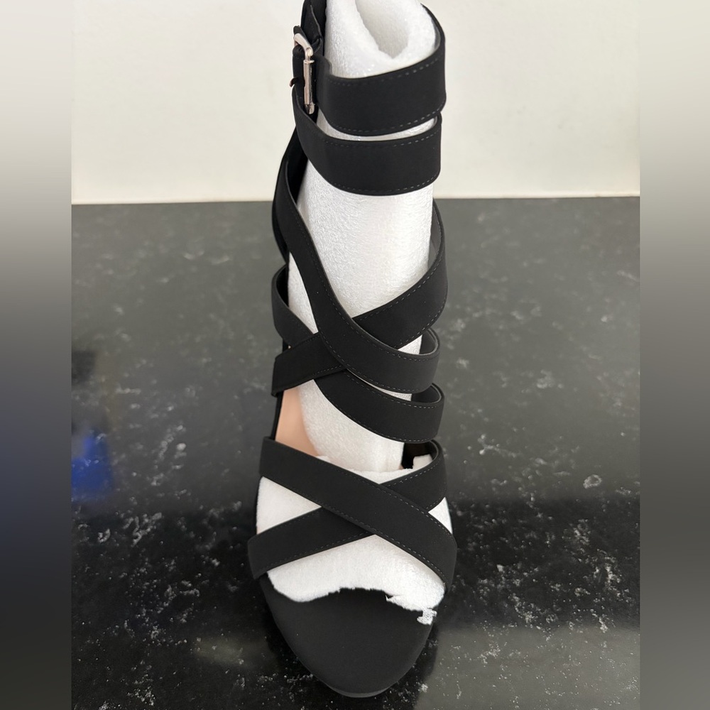 BRAND NEW Strappy Black High Heel Sandals with Ankle Buckle